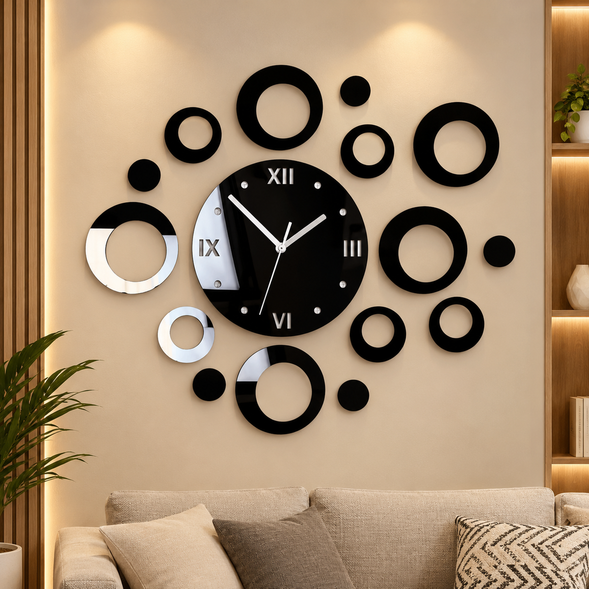 Modern Black and Mirror Wall Clock – Elegant Home Decor | C08