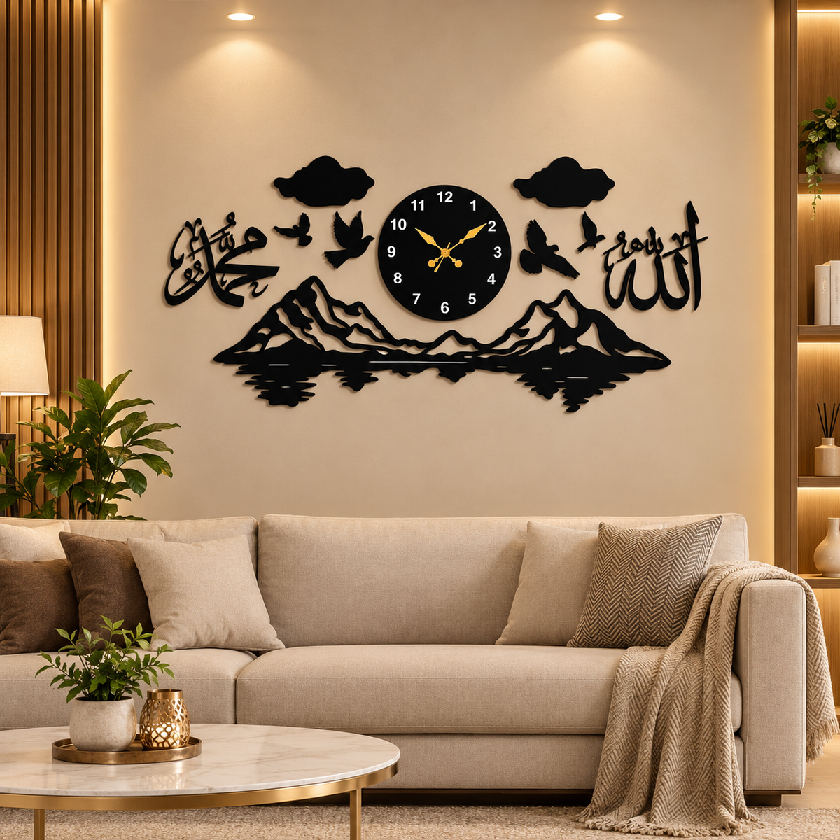 Allah Muhammad Mountain Wall Clock – Islamic Wooden Home Decor | S01