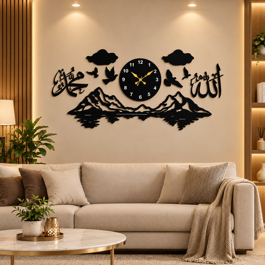 Allah Muhammad Mountain Wall Clock – Islamic Wooden Home Decor | S01