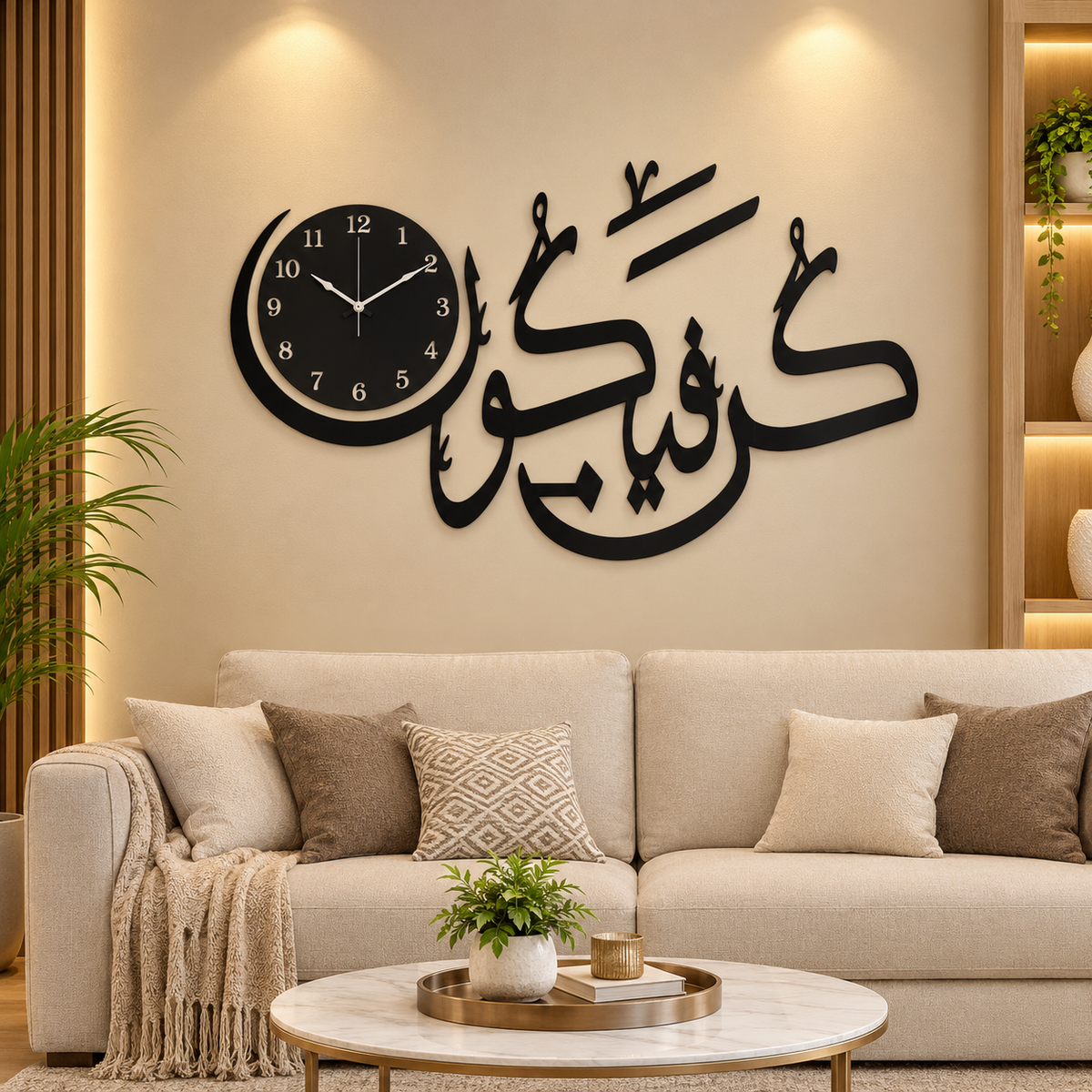 Warm Minimalist Living Room with Arabic Wall Clock – Modern Islamic Decor | C414